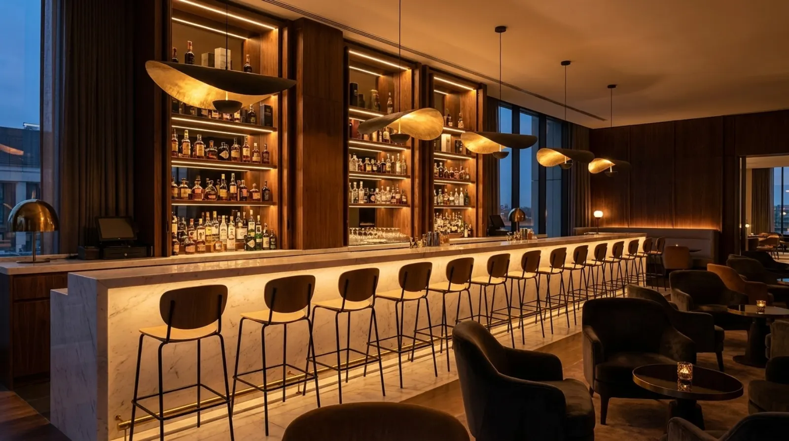 Commercial bar furnished with contract seating
